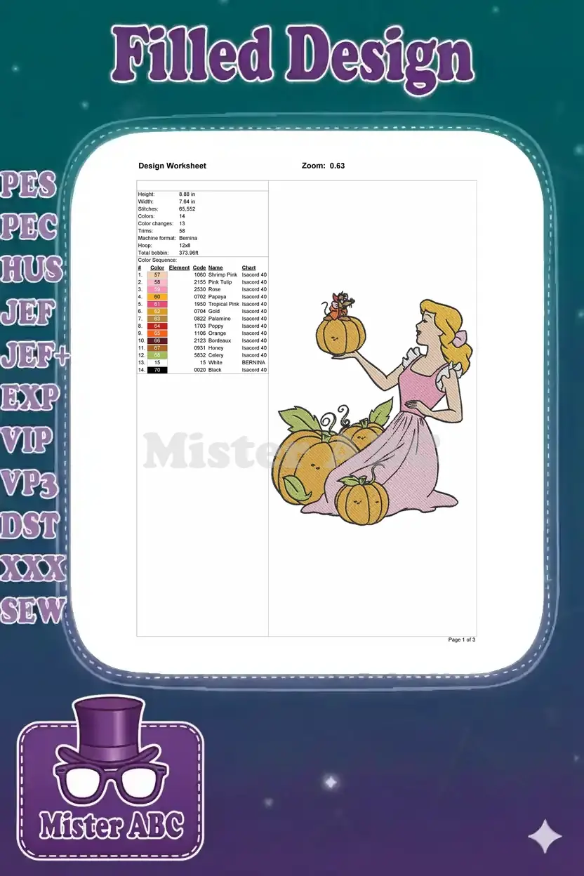 Embroidery design worksheet detailing dimensions, stitch count, color sequence, and machine compatibility.