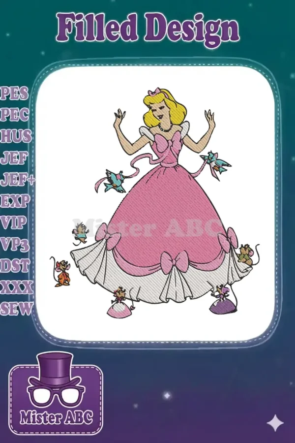 Vibrant embroidery design of Cinderella in her pink ball gown, surrounded by her loyal mouse and bird friends, ready for a magical moment.