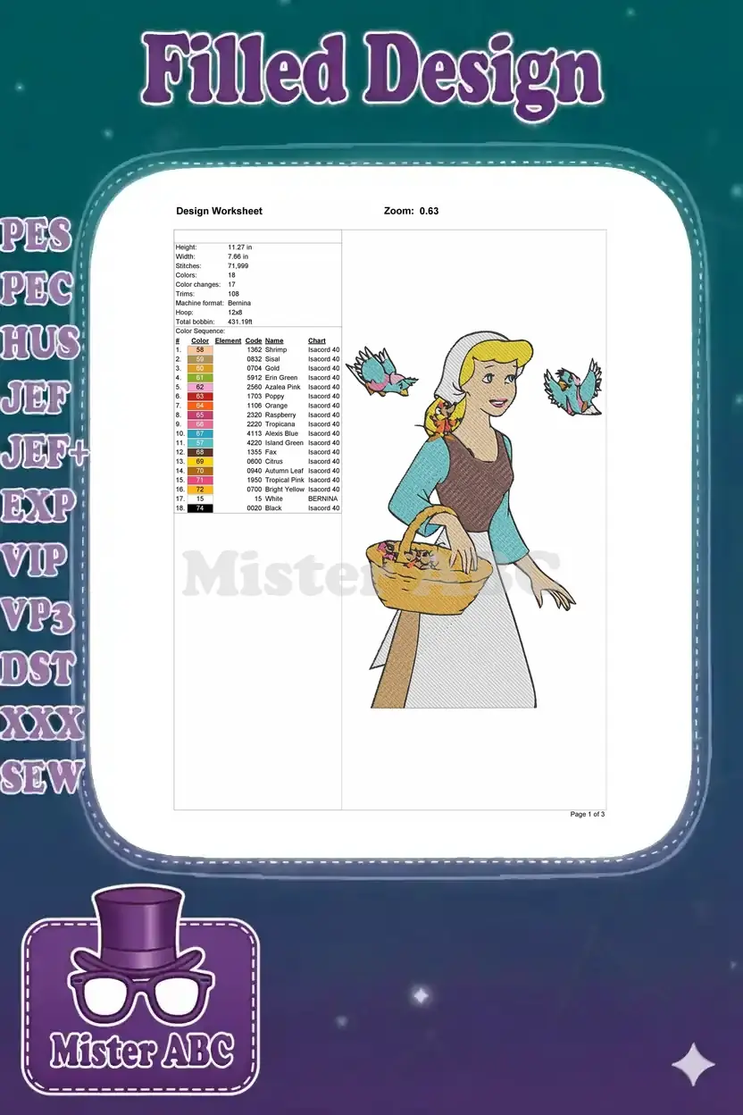 Detailed embroidery design worksheet for Cinderella, displaying dimensions, stitch count, and color chart.