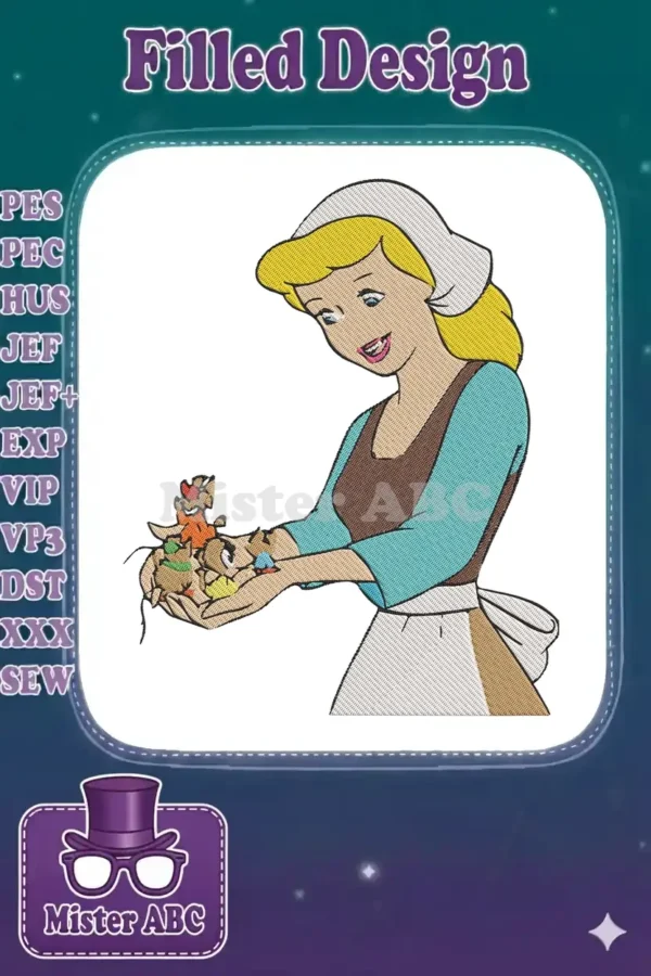 Digital embroidery design of Cinderella in maid attire, lovingly holding a group of tiny, colorful mice.