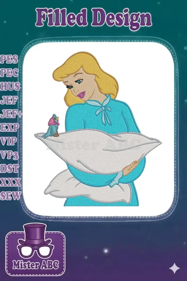 Cinderella embroidery design showing her in a blue dress, holding a pillow with a small bluebird perched on it.