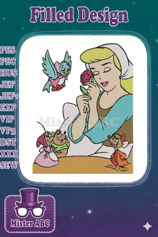 Cinderella and her animal friends, Jaq, Gus, and a blue bird, in a heartwarming embroidery design.