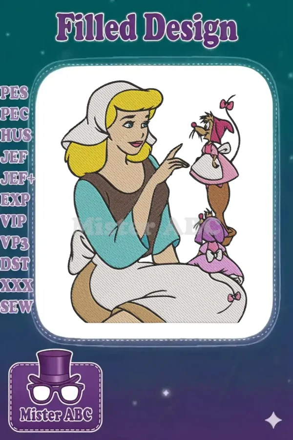 Cinderella in her servant dress, smiling at Jaq and Gus who are dressed in tiny outfits, a charming embroidery design.