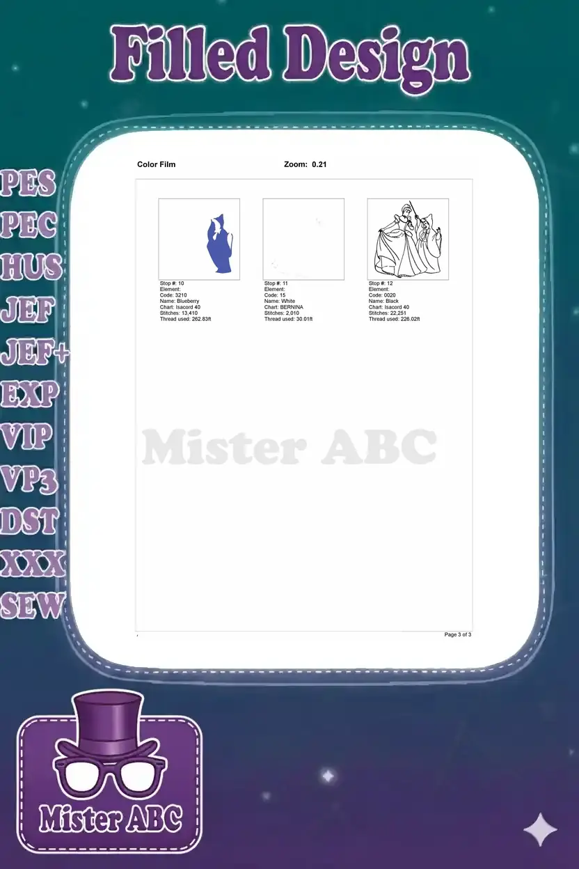 Remaining color stops and a final outline preview of the Cinderella and Fairy Godmother embroidery design.