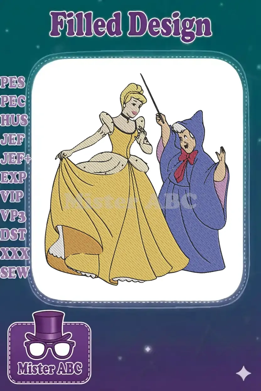 Full-color machine embroidery design of Cinderella in a yellow ball gown with her Fairy Godmother holding a wand.