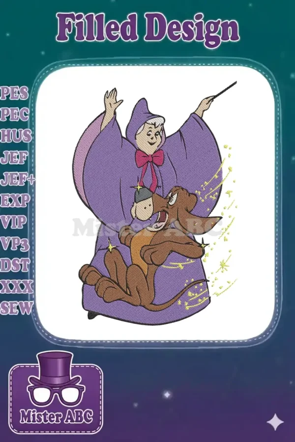 The Fairy Godmother from Cinderella, in a purple cloak, magically transforming Bruno the dog.