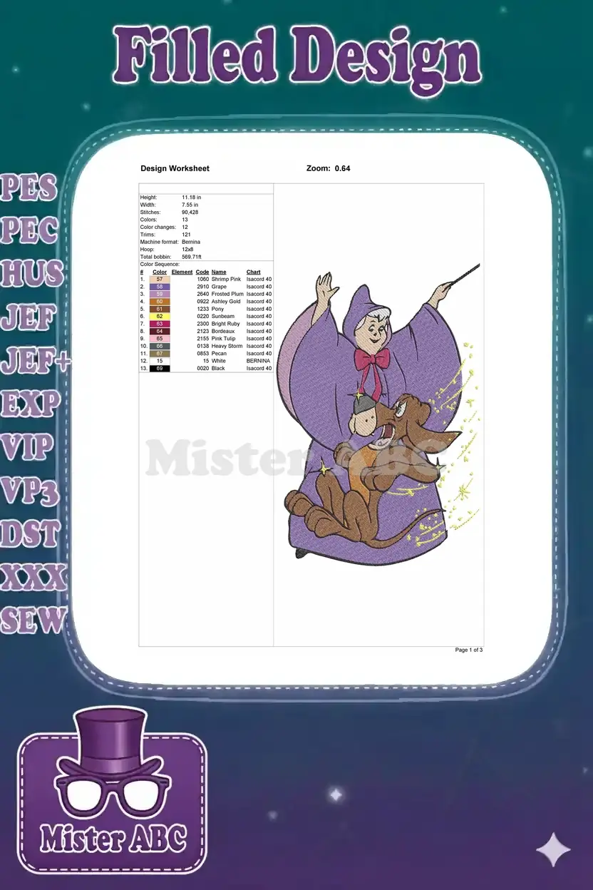 Embroidery design worksheet detailing stitch counts, colors, dimensions, and a preview of the magical design.
