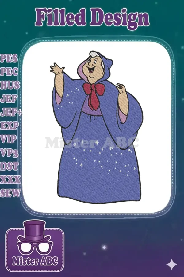 Fairy Godmother embroidery design, full-body, in a purple robe with stars, red bow, smiling, waving.
