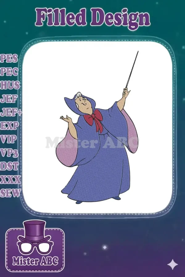 Colorful embroidery design of Disney's Fairy Godmother, holding her wand, ready to cast a magical spell.