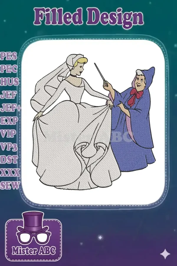 Cinderella in her elegant wedding gown with the Fairy Godmother, holding a magic wand, creating a truly magical scene.