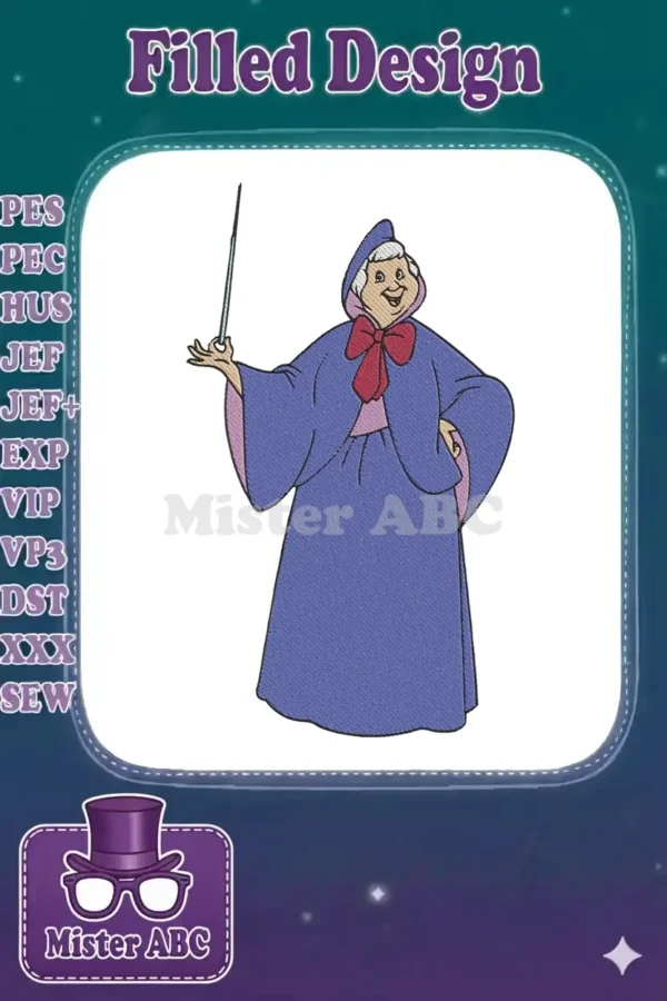 Full-body embroidery design of the Fairy Godmother from Cinderella, holding her magic wand, in her iconic blue cloak.