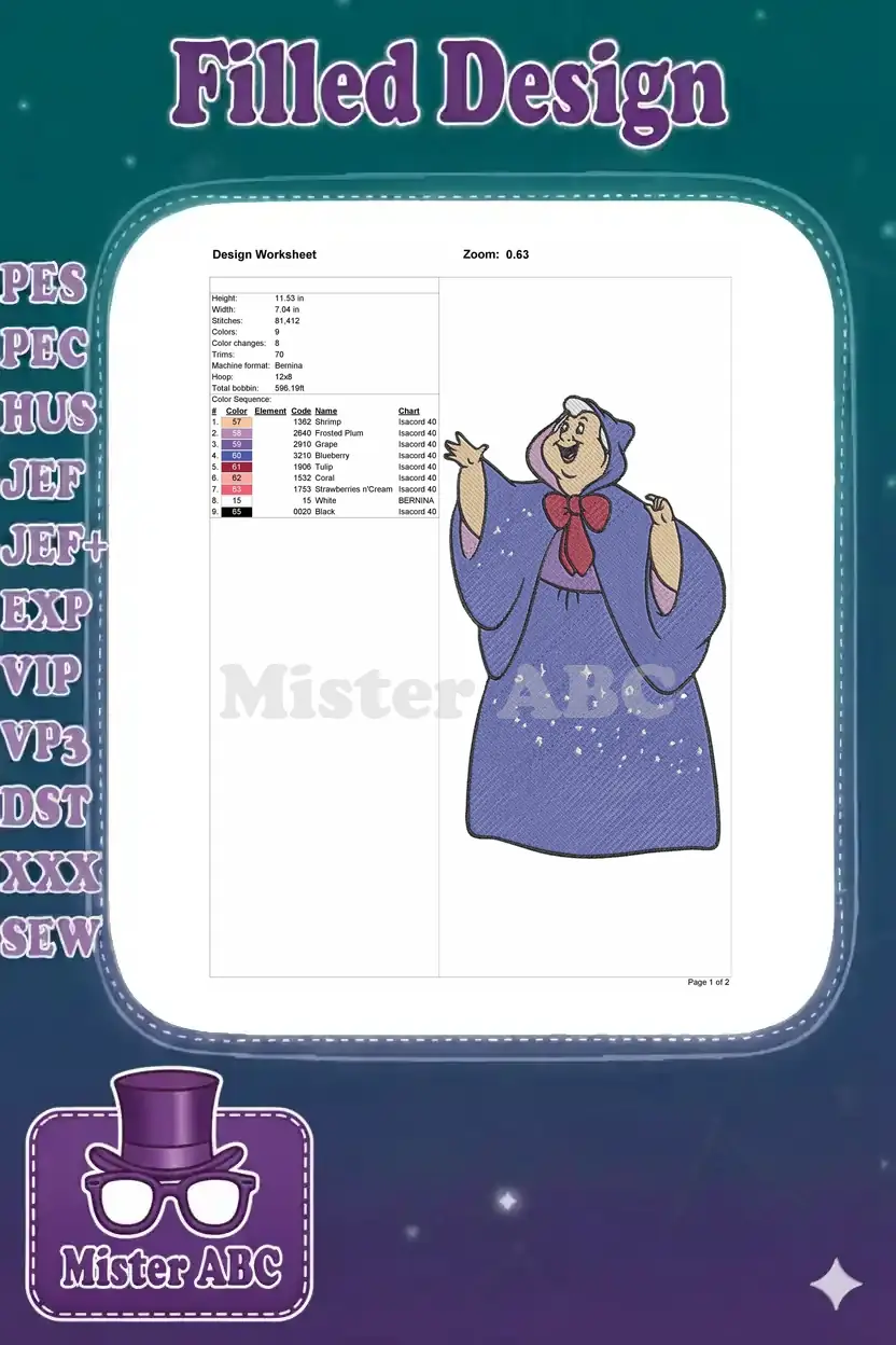 Embroidery design worksheet detailing dimensions, stitch count, color sequence, and thread codes for the design.