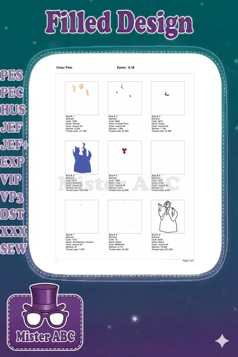 Embroidery color film showing the stitch order and thread usage for each color segment of the Fairy Godmother design.