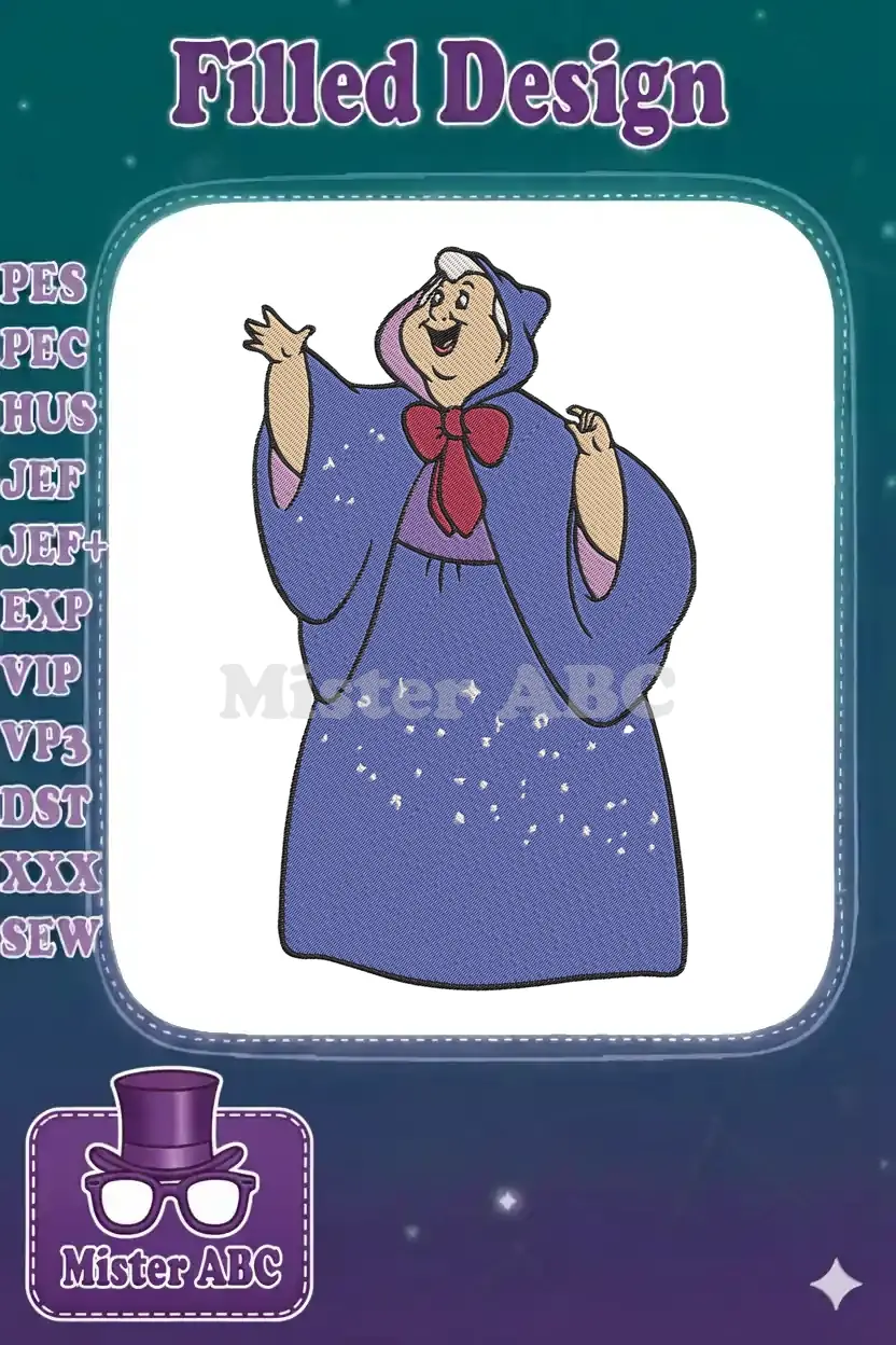 A vibrant embroidery design of Disney's Fairy Godmother, smiling with arms outstretched, wearing a blue cloak with stars.