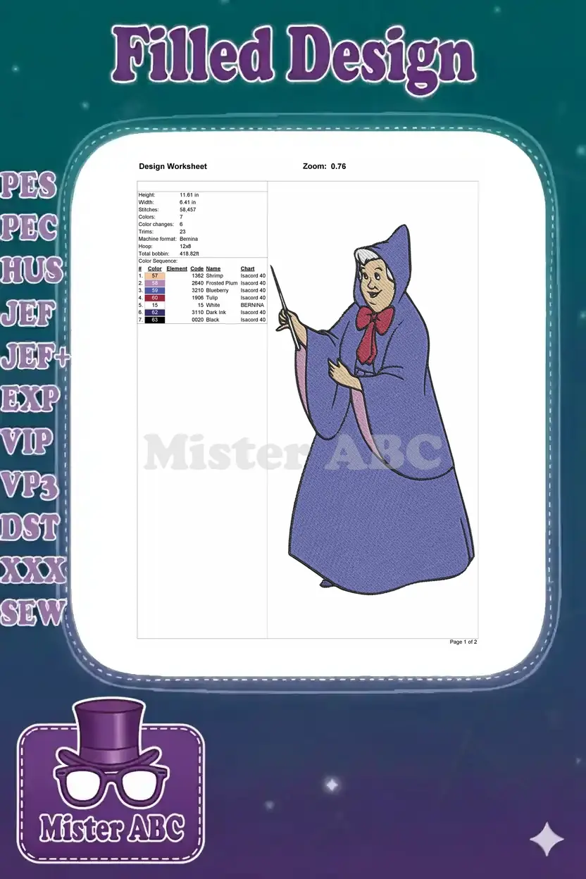 Embroidery design worksheet showing dimensions, stitch count, color sequence, and thread chart for Fairy Godmother.