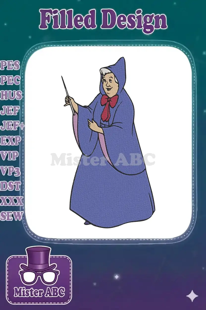 Full-body embroidery design of the Fairy Godmother from Cinderella, in her blue hooded cape, holding a magic wand.
