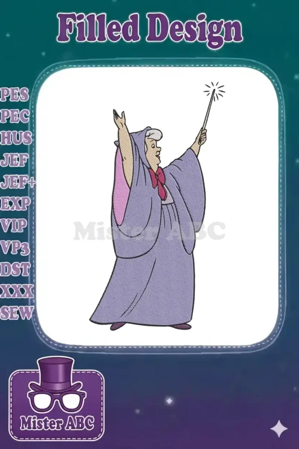 Embroidery design of the Fairy Godmother from Cinderella, casting a spell with her magic wand, vibrant and detailed.