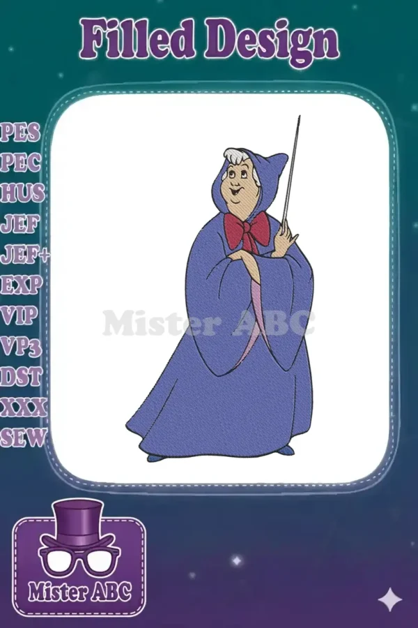Detailed embroidery design of the Fairy Godmother from Cinderella, in a blue hooded cloak and a red bow.