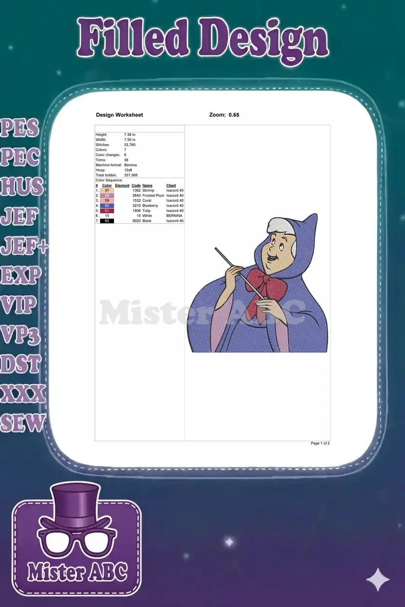 Detailed embroidery design worksheet showing dimensions, stitch count, color sequence, and machine settings for the Fairy Godmother.