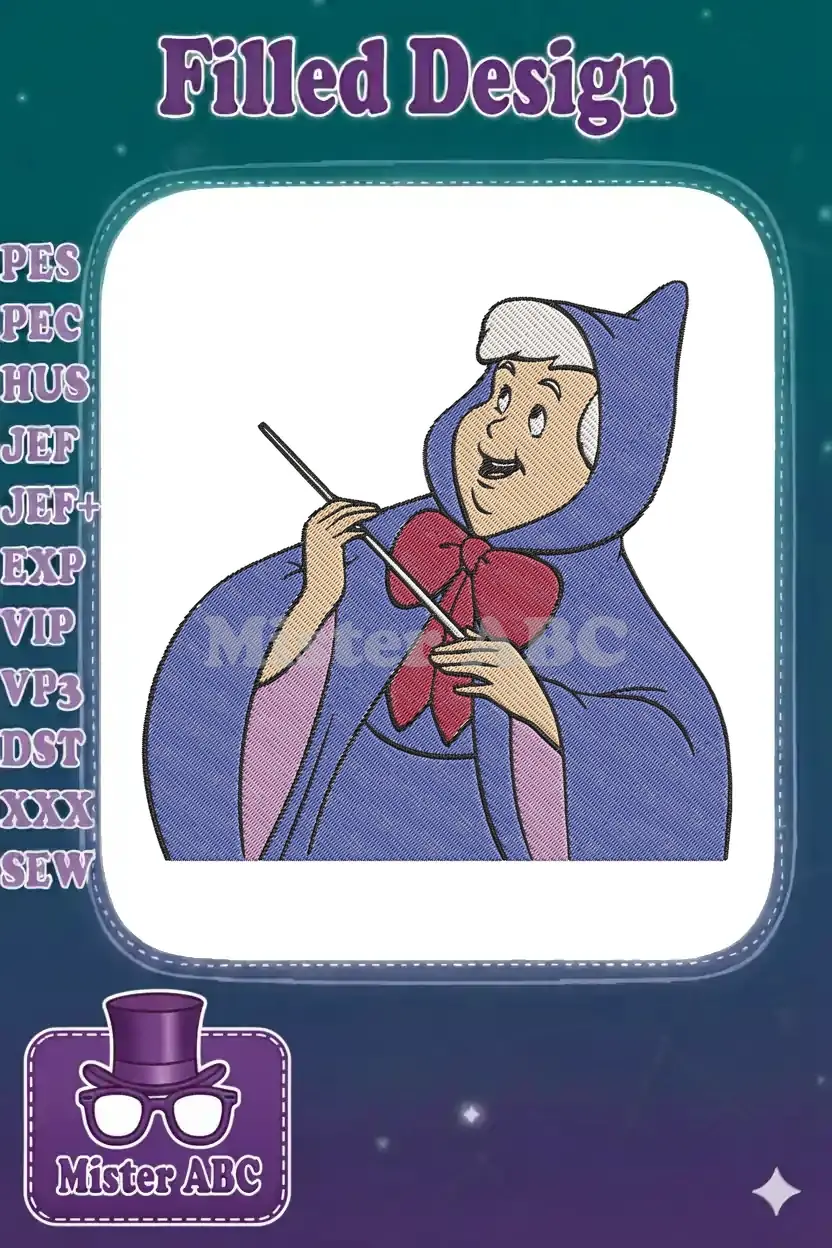 Delightful Fairy Godmother embroidery design, looking up with her magic wand, ready to grant wishes. Classic Disney charm.