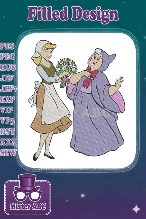 Cinderella in her peasant dress presenting a bouquet to the Fairy Godmother, a heartwarming Disney scene.