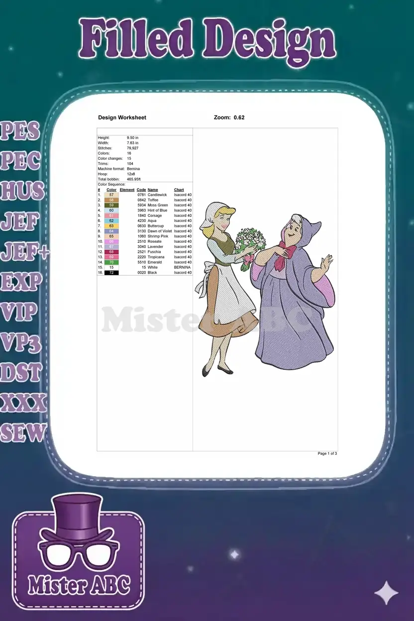 Detailed design worksheet for the Cinderella and Fairy Godmother embroidery, showing stitch count and colors.