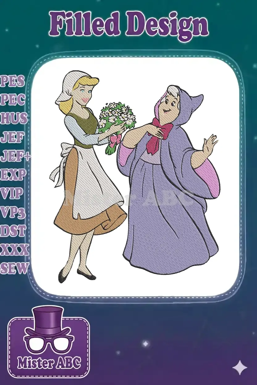 Cinderella in her peasant dress presenting a bouquet to the Fairy Godmother, a heartwarming Disney scene.
