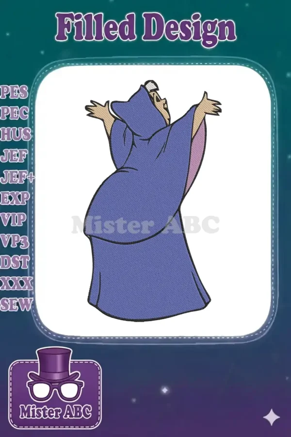 Fairy Godmother embroidery design in a vibrant purple robe, arms outstretched, ready to grant wishes. Magical detail.