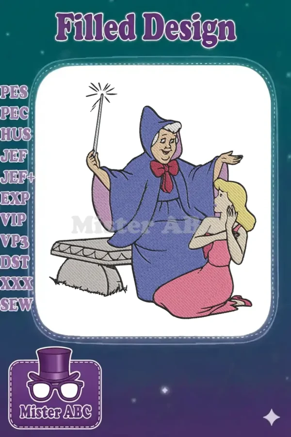 Beautiful embroidery featuring Cinderella kneeling in a pink dress before her Fairy Godmother, who holds a magic wand.