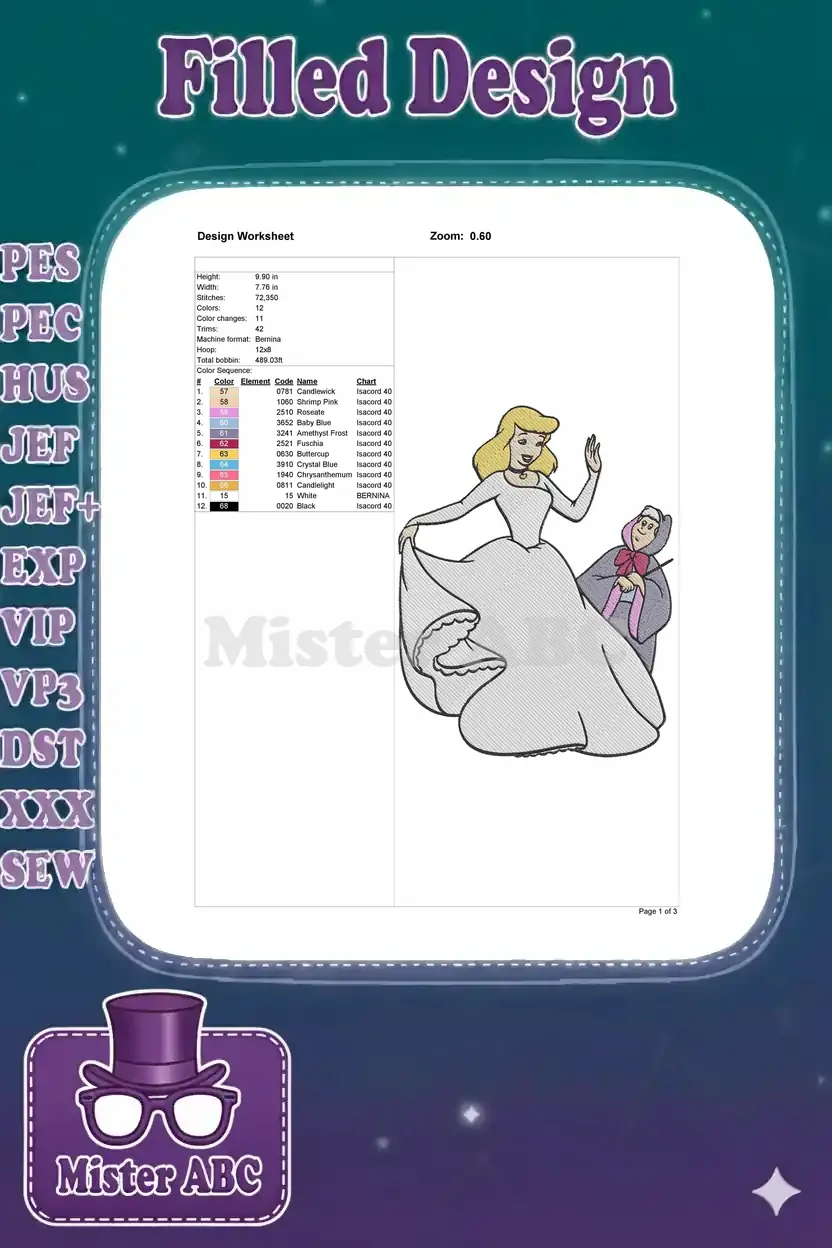 Design worksheet detailing embroidery specifications: dimensions, stitch count, 12 colors, and machine compatibility.