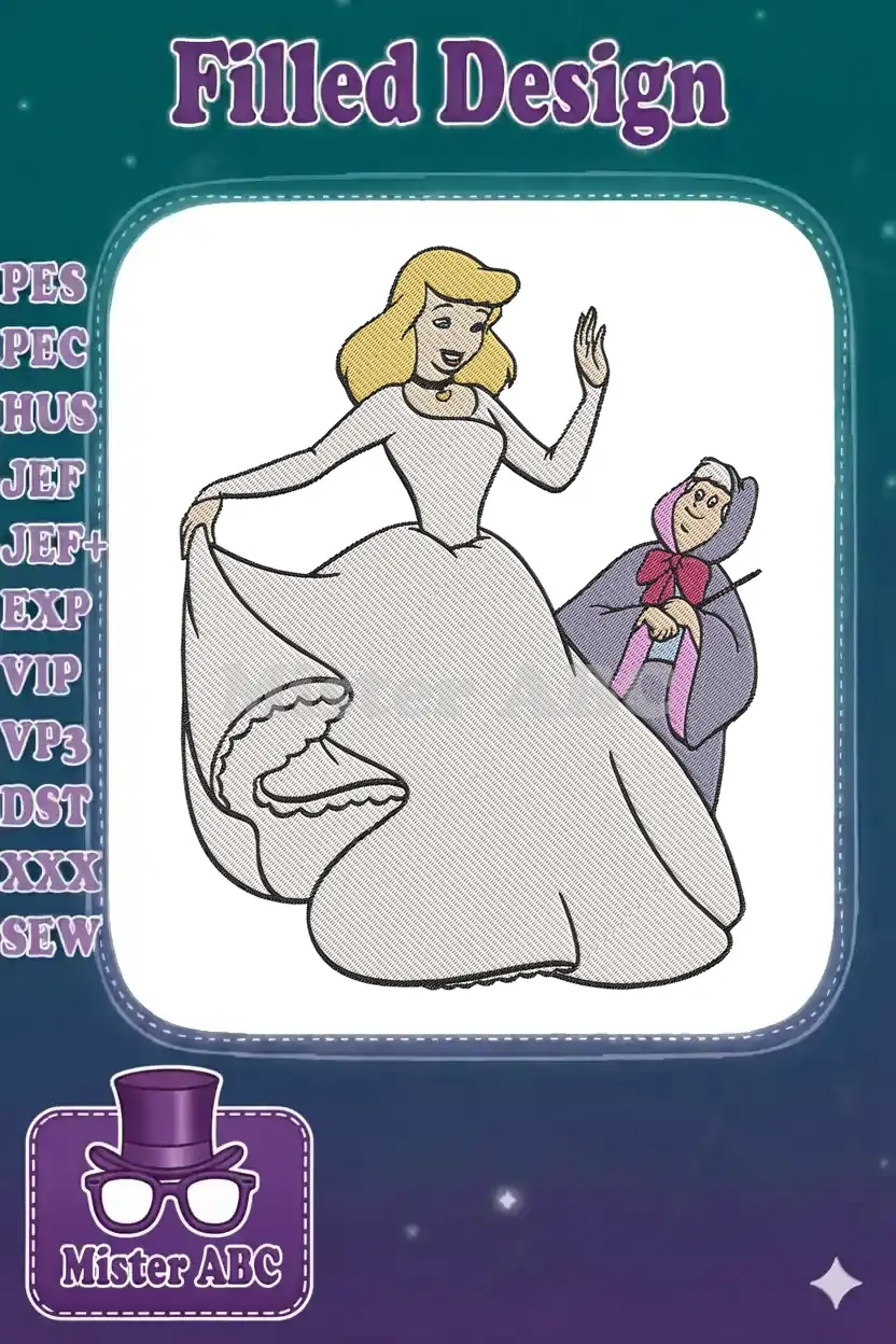 A vibrant embroidery design featuring Cinderella in her elegant ball gown and the benevolent Fairy Godmother.