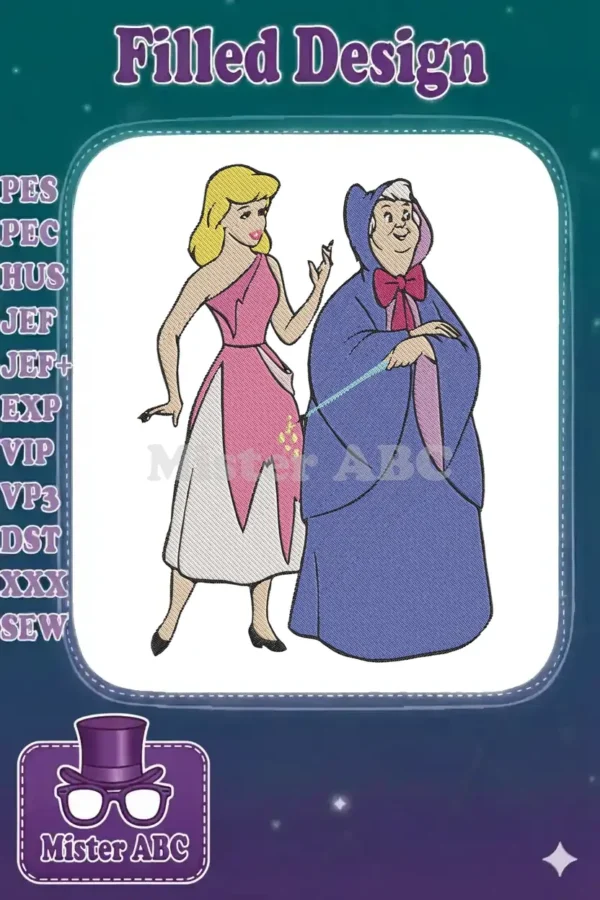 Vibrant embroidery design of Cinderella in her pink dress with the Fairy Godmother holding a magic wand.