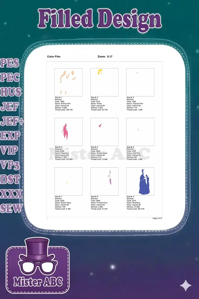 First page of the color film showing individual stitch elements and thread details for the Cinderella design.