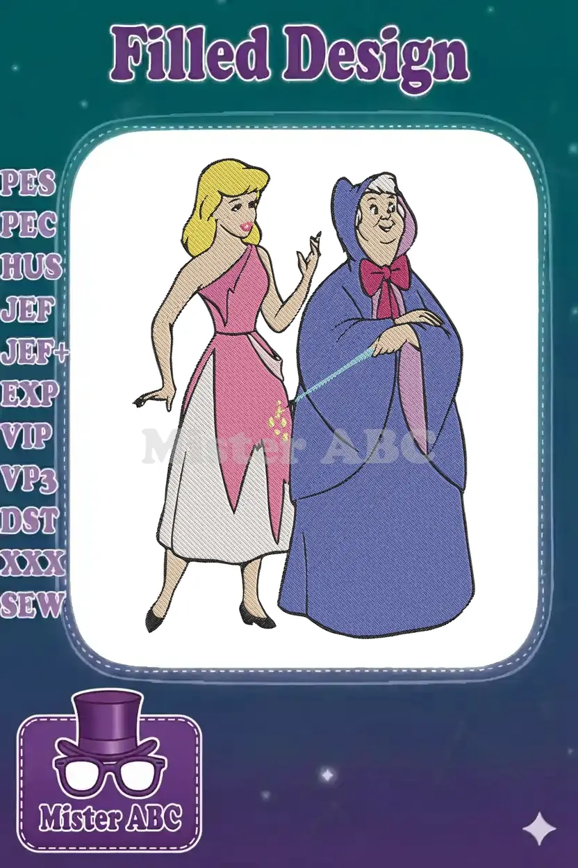 Vibrant embroidery design of Cinderella in her pink dress with the Fairy Godmother holding a magic wand.