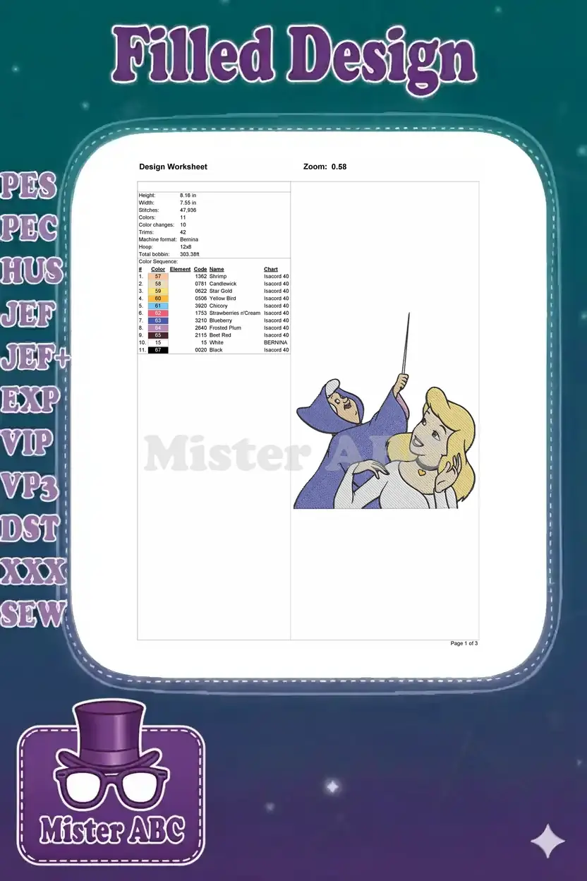 A detailed embroidery design worksheet showing dimensions, stitch count, color sequence, and thread chart.