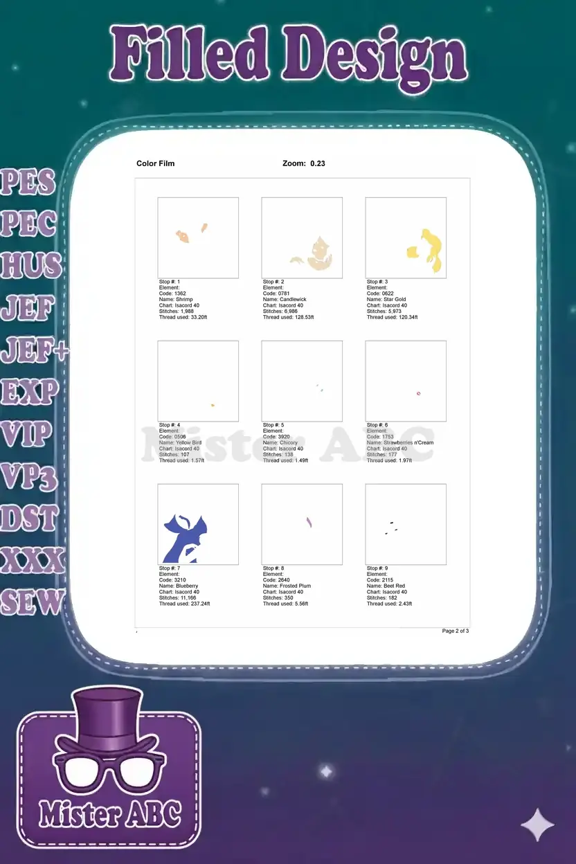 First set of color film pages, showing individual stitch elements broken down by specific thread colors.