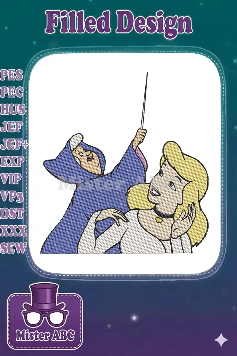 Cinderella looking up at her Fairy Godmother, who is holding a magic wand, in a whimsical embroidery design.