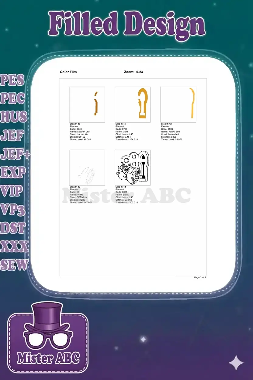 Second part of the embroidery color film, showing final stitch stops for Suzy mouse and keyhole design.