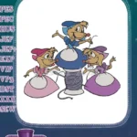 Three happy cartoon mice sewing with thread spool embroidery designs - Instant Download