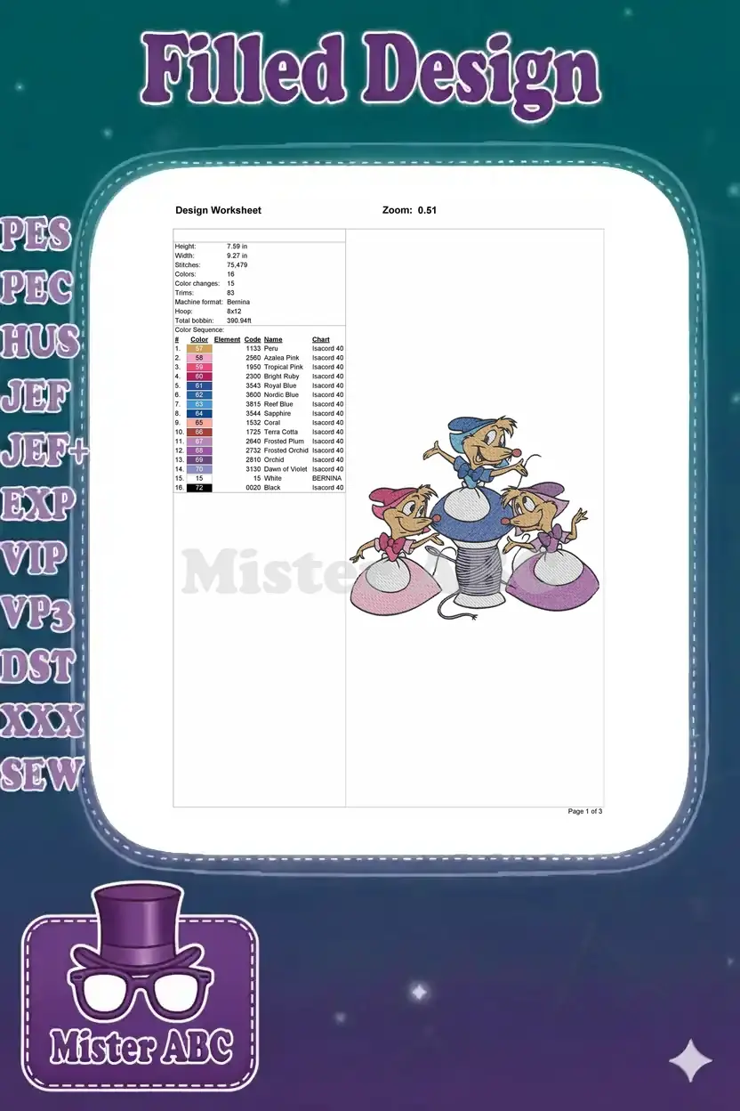 Detailed embroidery design worksheet showing dimensions, stitch count, color sequence, and thread information for the Disney mice.