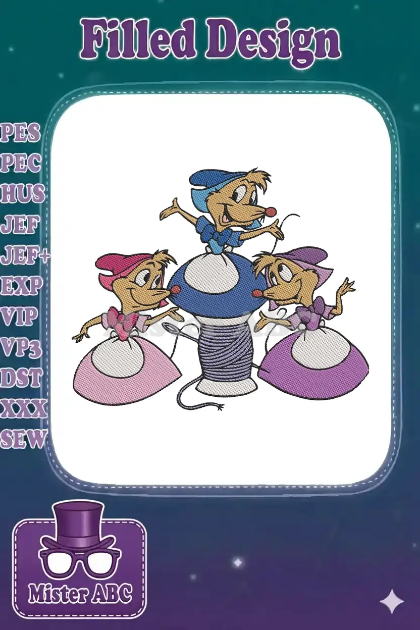 Three cheerful embroidered Disney mice, Jaq, Gus, and Suzy, playfully interacting with a large spool of thread.