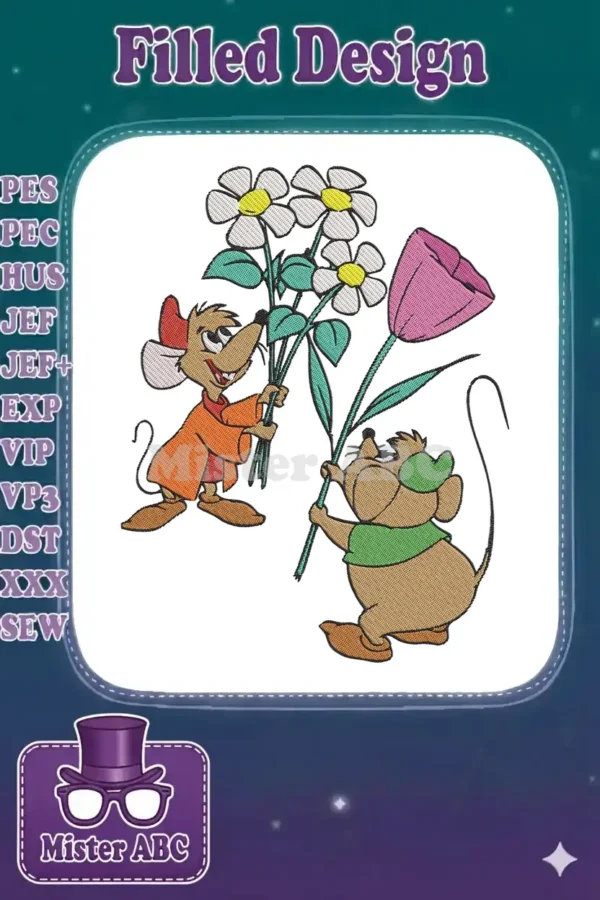 Adorable Gus and Jaq embroidery design, with Gus holding daisies and Jaq a pink tulip, on a white background.