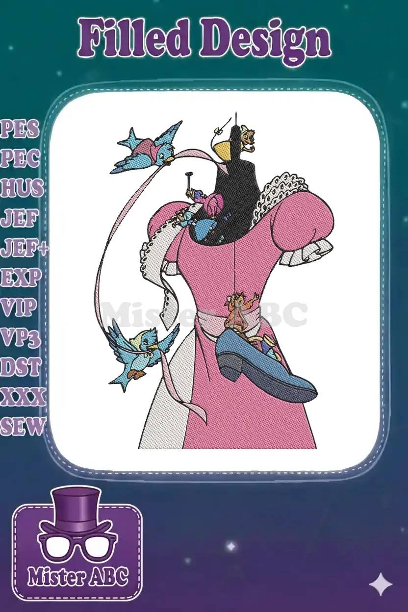 Cinderella's pink dress on a mannequin assisted by Gus, Jaq, and bluebirds, with a blue slipper below.