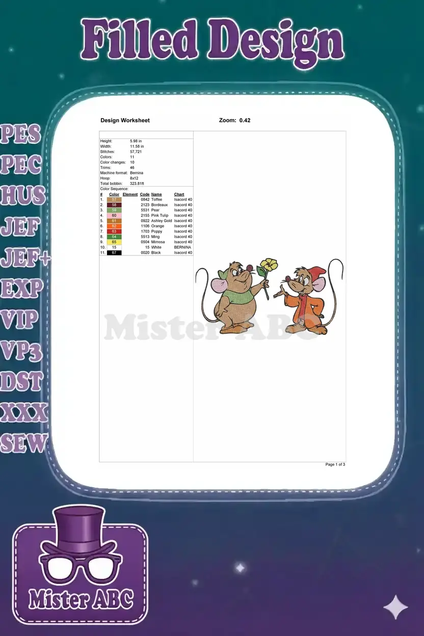 Detailed embroidery design worksheet showing dimensions, stitch count, 11 colors, and thread codes.