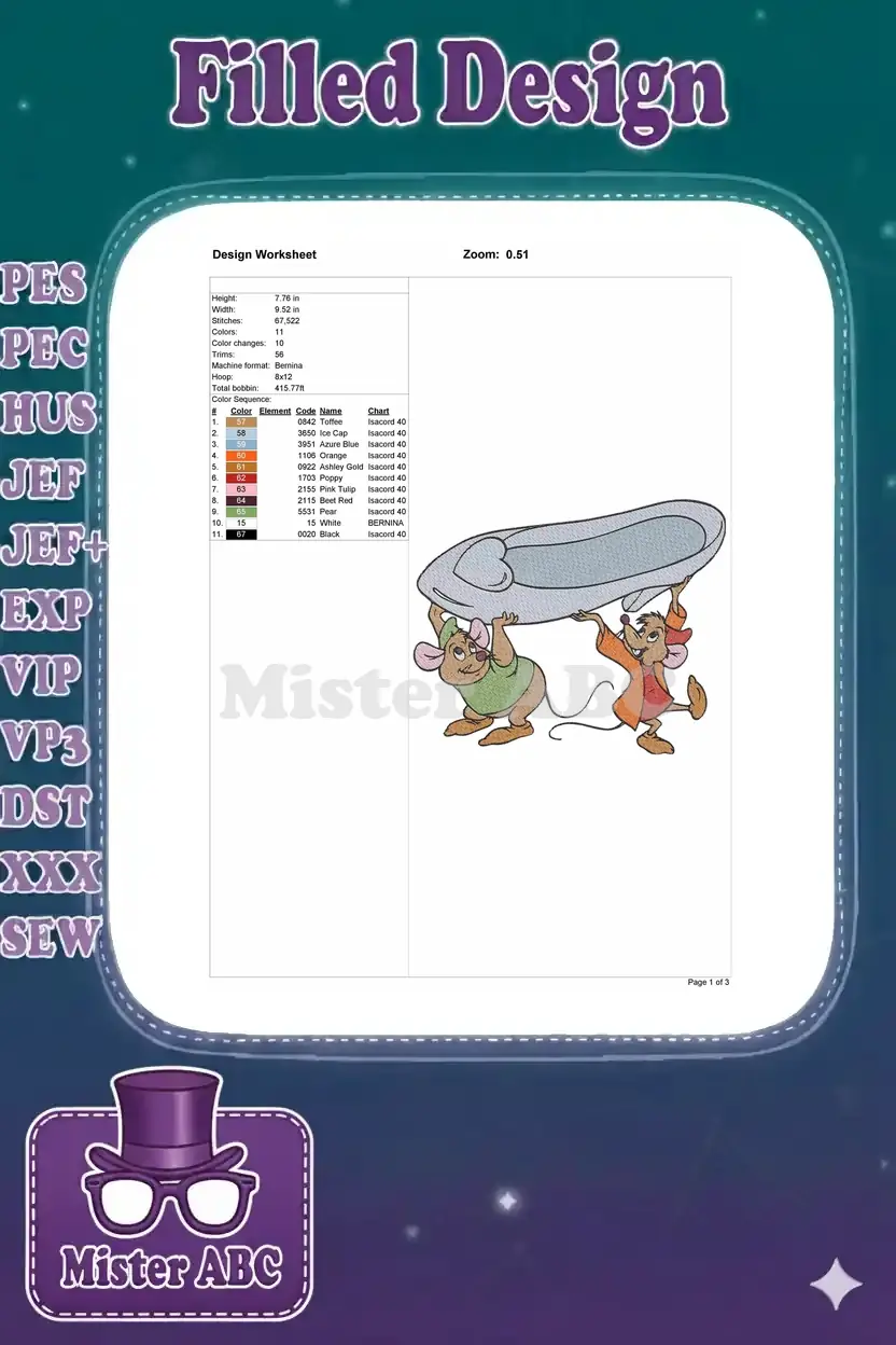 A detailed embroidery design worksheet displaying dimensions, stitch count, color sequence, and thread codes for the Jaq and Gus design.