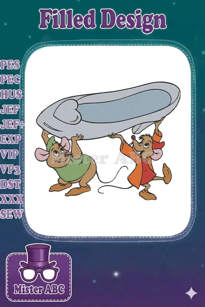Jaq and Gus, the beloved mouse characters from Cinderella, carrying the shimmering glass slipper. A magical design!