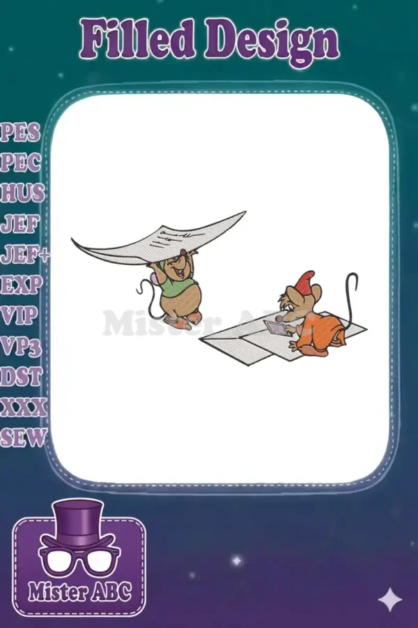 Embroidery design of Jaq and Gus from Disney's Cinderella. Jaq holds up a large piece of cloth, while Gus examines a pattern.