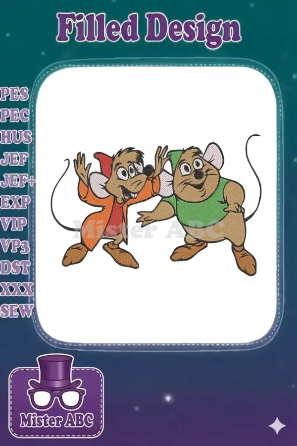 Embroidered design of Jaq and Gus, the two cheerful mice from Disney's Cinderella, in vibrant colors.