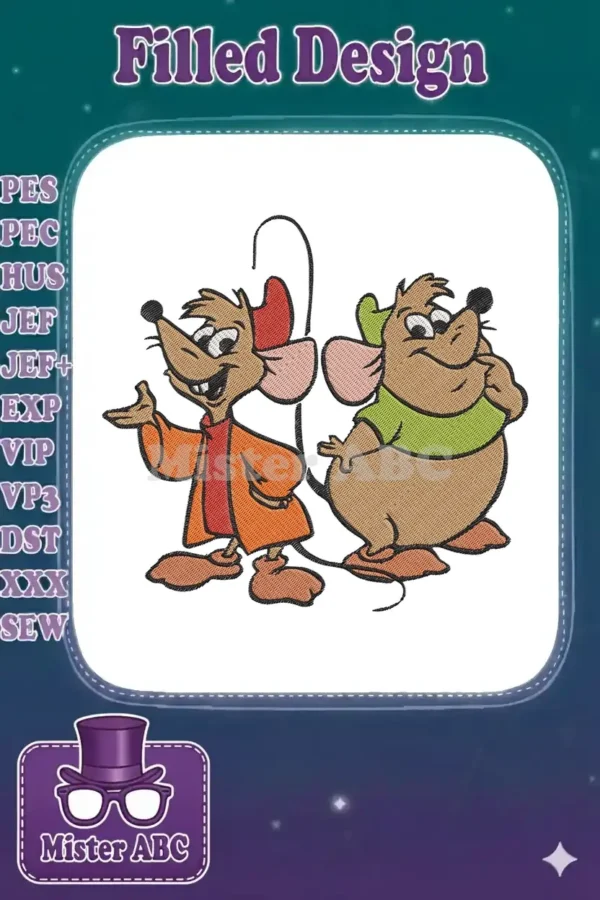 Delightful embroidery design featuring Jaq and Gus, Cinderella's charming mouse friends, ready to stitch. Perfect for adding a touch of classic Disney magic to any project.