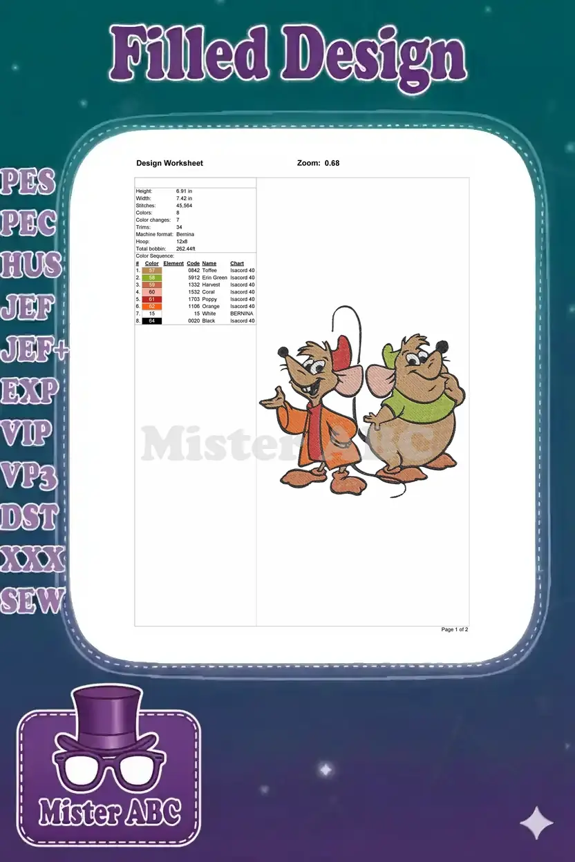 Detailed embroidery design worksheet for Jaq and Gus, outlining dimensions, stitch count, colors, and thread sequence.